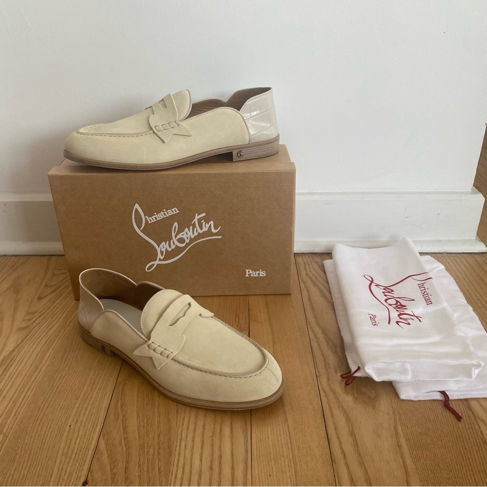 Christian Louboutin Penny Cream Tan Suede Croc Loafers Shoes Tonal Luxury 45.5